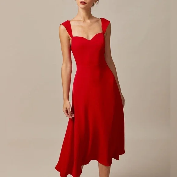 Rihoas Red Sweetheart Neck Cap Sleeve Midi Dress - Picture 4 of 7